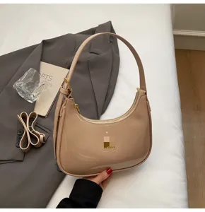 Women patent leather hobo shoulder bag underarm baguette handbag chic daily purse