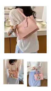 Pink shoulder tote bag for women large capacity casual handbag with cute bear pendant commute style