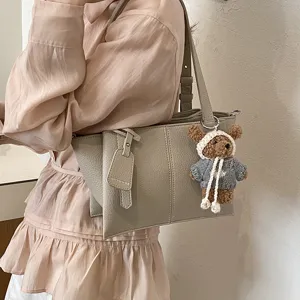 Stylish women tote shoulder bag large capacity commuter handbag with cute bear charm