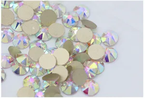 Detail view of AB crystal flatback rhinestones for nail art and phone case DIY decoration.