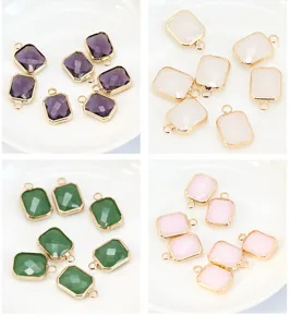 Rectangular faceted crystal charms with gold bezels, multi-color DIY jewelry making details.
