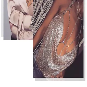 Λαμπερό στρας halter top με ασημένια μεταλλική αλυσίδα, σέξι εξώπλατο σχέδιο.