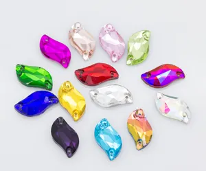 Strass en verre à coudre en forme de feuille colorée en S, cristaux DIY à double trou pour vêtements