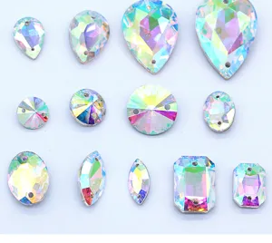 DIY double-hole glass rhinestones, AB color sewing crystal stones for garments shoes dresses clothes.