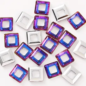 Close-up detail of 10mm square hollow rhinestone charms, AB crystal and silver DIY jewelry parts.
