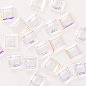 Close-up detail of 10mm square hollow crystal rhinestones with iridescent AB finish for DIY.