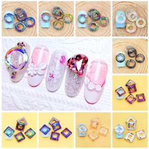 Trendy Glass Rhinestone Hollow Round Square Charm Pendants Electroplated Colorful Geometric Beads For DIY Jewelry Craft Making Nail Art Decoration