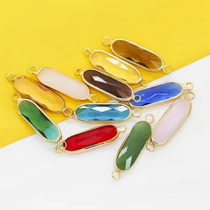 Long Oval Alloy Double Loop Connector Charms DIY Jewelry Making Accessories For Bracelet Earring Glass Inlaid Gold Plated Pendants