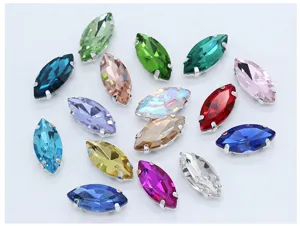 Detailansicht bunte Marquise Glas Nähsteine mit silbernen Krallen Fassungen für DIY Zubehör.