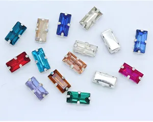 Rectangle sew-on claw rhinestones with silver metal settings, colorful DIY craft apparel accessories.