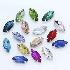 Marquise Glas Aufnähbare Strasssteine Mit Kupfer Kralle Echt Silber Plattiert Funkelnd Kristall Basis Einstellungen Stoff Zubehör Für Hochzeitskleid Kleidung Kragen DIY Handwerk Materialien