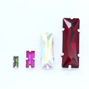 Rectangular sew-on rhinestones with silver claw settings in assorted sizes and bright colors.