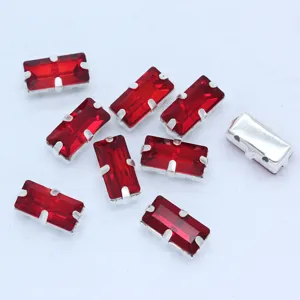 Red sew-on rectangular claw rhinestones with silver metal settings for DIY wedding accessories.