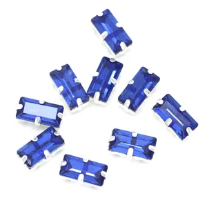 Blue rectangular sew on rhinestones with silver metal claw settings for DIY craft dress decor