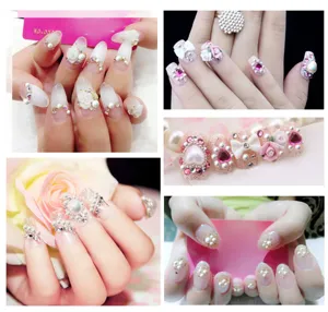 Présentation détaillée de perles, strass, nœuds et roses 3D pour le nail art et les accessoires.
