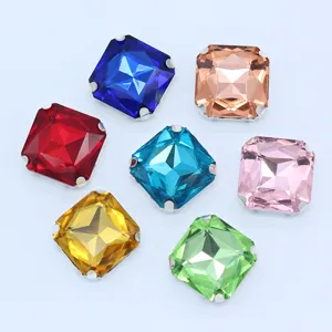 Square Glass Sew On Rhinestones With Silver Metal Claw Base DIY Garment Accessories Crystal Stone Crafts