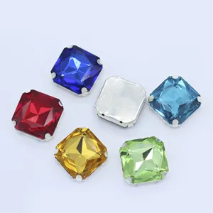 Square glass sew-on rhinestones with silver metal base, perfect for DIY garment accessories.