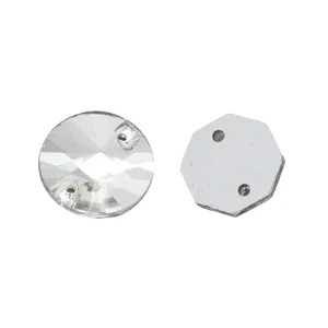 Clear glass flat-back sew-on rhinestones with dual holes for DIY wedding dress apparel decoration.
