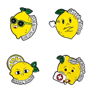 Cute cartoon lemon metal brooches set, funny fruit enamel pins for clothes backpack accessories