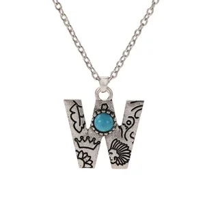 Bohemian silver letter W pendant necklace with turquoise stone vintage alloy clavicle chain