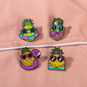Cute cartoon pineapple enamel pins set, beach style alloy brooch badges for backpacks, 4pcs.