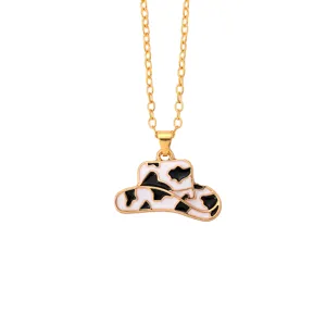 Gold chain necklace with white black cow print cowboy hat enamel pendant for daily wear.