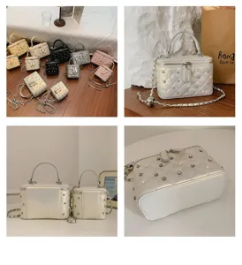 Women Quilted Chain Vanity Bag Studded Mini Box Crossbody Bag Elegant Detail View