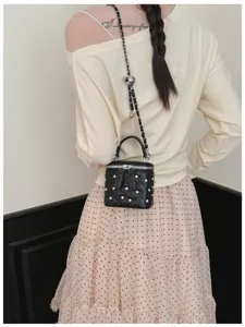 Women stylish quilted chain box bag, black PU leather crossbody handbag with pearls and studs.