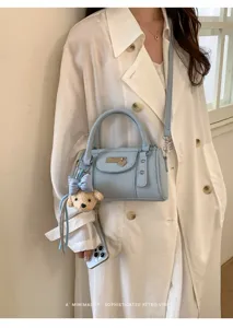 Light blue bowling handbag for women trendy retro pillow shoulder bag with rivet charm