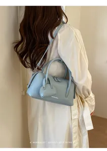 Light blue litchi pattern Boston shoulder crossbody handbag for women chic retro style new trend