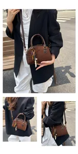Retro brown suede bowling bag women fashion shoulder crossbody handbag with chic bead charm