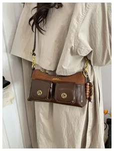 Sac bandoulière marron à poches multiples, sac à épaule élégant en cuir PU pour femme travail.