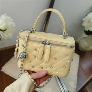 Women Fashion Quilted Chain Crossbody Bag Luxury PU Leather Vanity Box Top Handle Shoulder Bag Rhinestone Pearl Decor