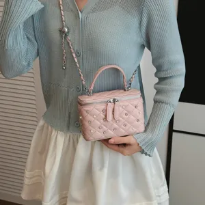Women quilted chain crossbody bag pink fashion vanity box shoulder bag with pearls and rivets