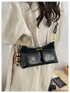 Sac à bandoulière élégant pour femmes multi-poches noir sac sous les bras tendance