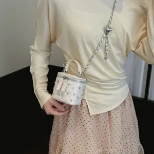 Women quilted chain crossbody bag small white vanity box bag with pearls and stylish rivets