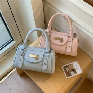 Women Fashion Rivet Bowling Bag PU Leather Casual Shoulder Crossbody Bag With Cute Pendant Commute Handbag