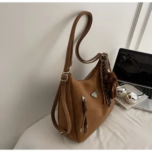 Brown leather shoulder bag large capacity hobo bag chic trendy casual tote with bear pendant