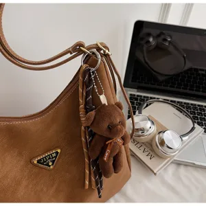 Brown leather shoulder tote bag with cute bear charm stylish large capacity handbag for women