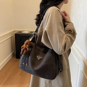 Stylish large capacity women shoulder tote bag casual designer handbag with cute bear pendant