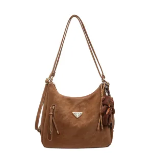 Brown leather vintage women shoulder bag multi-function backpack with cute teddy bear pendant