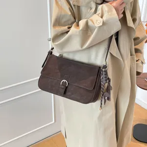Vintage women shoulder bag retro brown suede crossbody bag casual daily commute handbag stylish