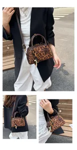 Stylish leopard print bowling handbag with beaded charm, trendy vintage crossbody boston bag.