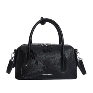 Chic litchi pattern Boston handbag for women, trendy black shoulder crossbody bowling bag.