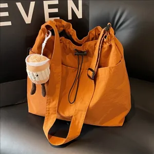 Large Capacity Casual Canvas Bucket Bag Women Trendy Commuter Shoulder Messenger Bag With Cute Coffee Cup Plush Pendant