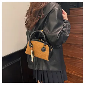 Retro suede bowling handbag, stylish contrast leather shoulder crossbody bag for women.