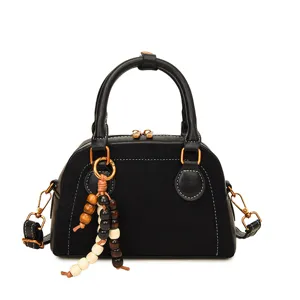 Classic black bowling handbag with wooden bead charm top handle shoulder crossbody bag