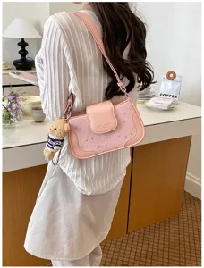 Pink star pattern shoulder bag with cute bear pendant, stylish casual daily crossbody handbag for women