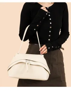 Retro women shoulder handbag minimalist off white PU leather underarm bag stylish purse.