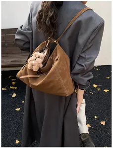Women multi-functional vintage brown suede backpack large capacity casual shoulder tote bag